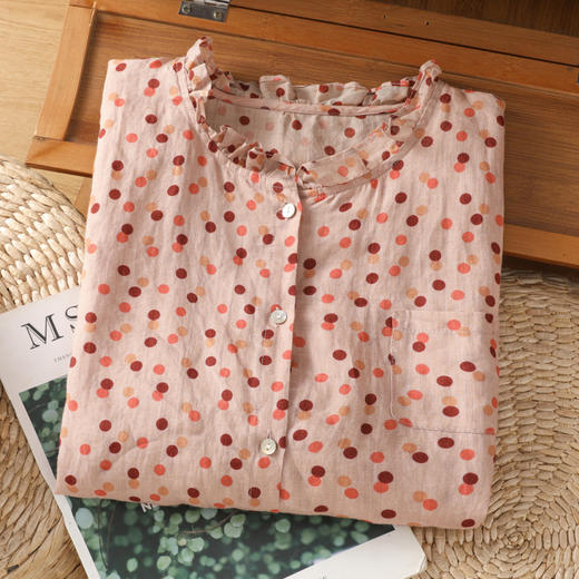 B106-895新款2025简约波点衬衣休闲宽松木耳边立领T恤妈妈衫女 商品图2