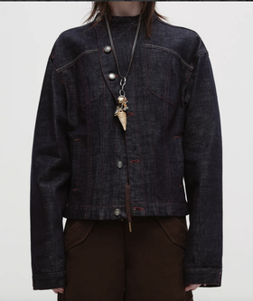 出逃赤岗西/25AWW155/复古不对称丹宁蓝竹节原牛牛仔外套