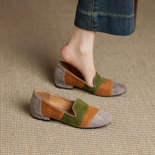 【预售5天】真皮磨砂拼色乐福鞋，一脚蹬翻毛皮软底单鞋YS&A1691 商品图0