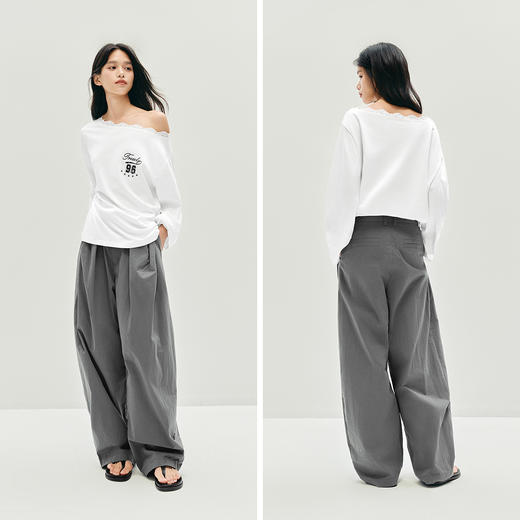森马长袖T恤女秋季蕾丝一字领纯棉oversize印花2025新款慵懒上衣 商品图4