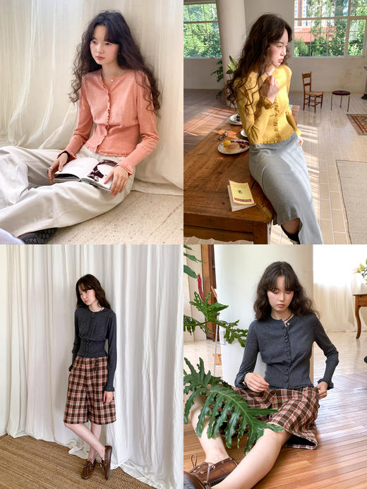 素舶 极细美丽诺羊毛亲肤弹力褶皱花边门襟法式收腰显瘦针织开衫 商品图3