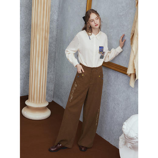 两三事梵高文艺 赭谣漫信 2025秋季新款刺绣纽扣装饰阔腿休闲裤女 商品图1