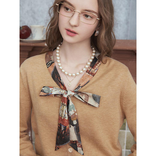 两三事 抒情诗人 2025秋季新款森系风印花领带针织开衫女宽松 商品图2