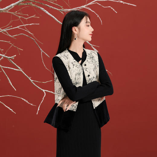 三彩【风摇翠竹】2025冬季新款蓄热棉马甲外套提花拼接无袖开衫C 商品图2