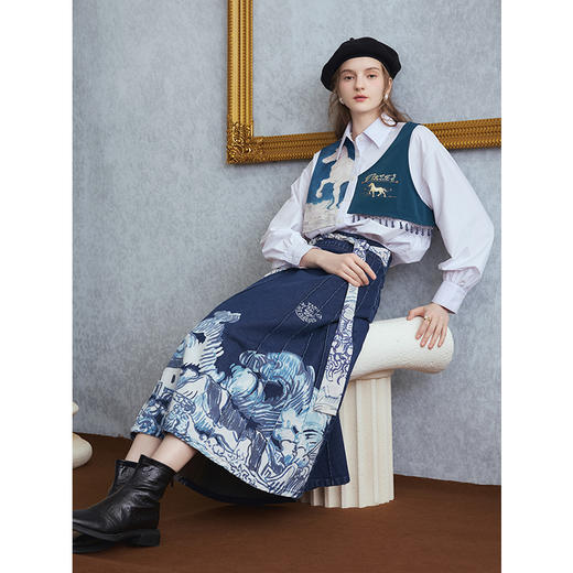 两三事梵高文艺 浮星跃浪 2025秋季新款印花绑带牛仔马面裙半身裙 商品图3