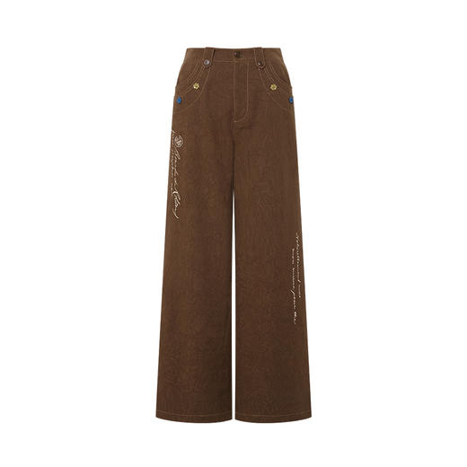 两三事梵高文艺 赭谣漫信 2025秋季新款刺绣纽扣装饰阔腿休闲裤女 商品图4