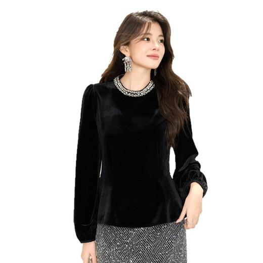 「自」全新升级【铂金会员192/天猫259/差价67】(04542)洛诗琳法式复古丝绒上衣2025秋季时尚设计感气质钉珠衬衫女 商品图4