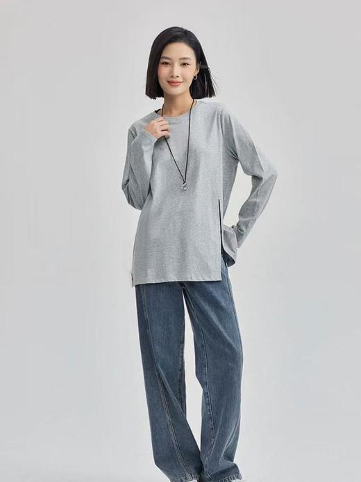 11.11直降到底！！【秋上新】240侧开叉灰色长袖侧开叉T恤-喜出 商品图0