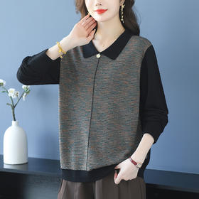 CC 10-6623撞色显瘦上衣洋气减龄娃娃领宽松大码打底衫时尚