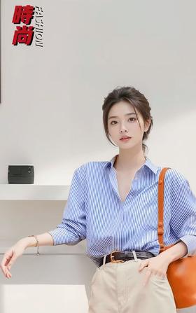 【秋上新】吉妮品牌 042蓝色口袋条纹衬衫-喜出