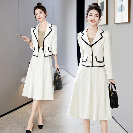 LDB7103秋季时尚气质黑白枣红优雅小香风收腰上衣裙子职业套装 商品图3