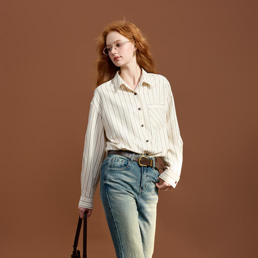 三彩2025冬季新款条纹衬衫翻领宽松衬衣休闲开衫简约M 商品图2