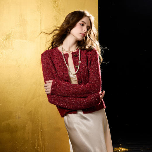 三彩2025冬季新款慵懒圆领长袖针织衫开衫休闲百搭复古简约气质M 商品图1