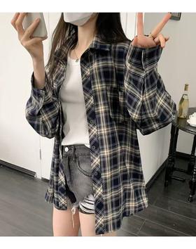 【秋上新】吉妮品牌 001A藏青色格子衬衫-喜出