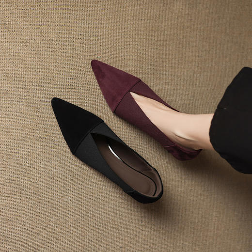 【预售5天】5cm复古优雅尖头拼接松紧V口，一脚蹬粗跟气质通勤高跟单鞋JLY&18-751 商品图4