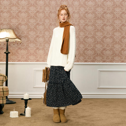 三彩独醒2025冬季新款碎花半身裙松紧腰A字裙木耳边长裙F 商品图3