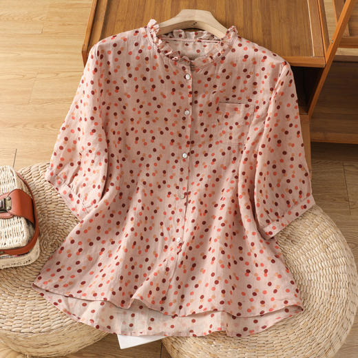 B106-895新款2025简约波点衬衣休闲宽松木耳边立领T恤妈妈衫女 商品图0