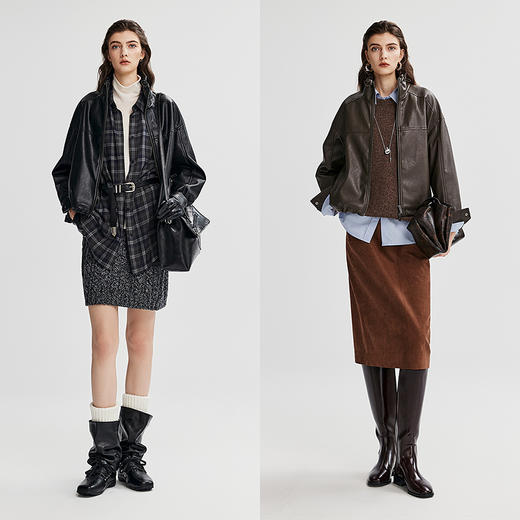 棉仓366607015-摩登花苞领皮夹克 商品图4