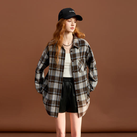 三彩2025冬季新款格纹呢料衬衫翻领宽松阔版中长衬衣保暖叠穿M 商品图3