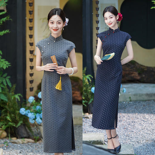 SKY 27695新中式改良旗袍波点撞色民国坎肩袖旗袍 商品图1