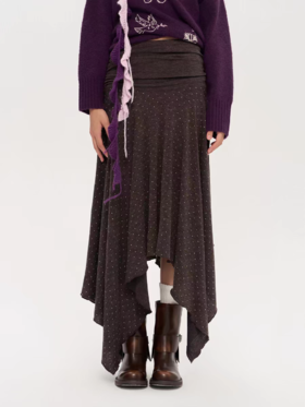 heris/H53118/不规则手帕下摆 杂花棕波点印花 垂感大摆针织半裙