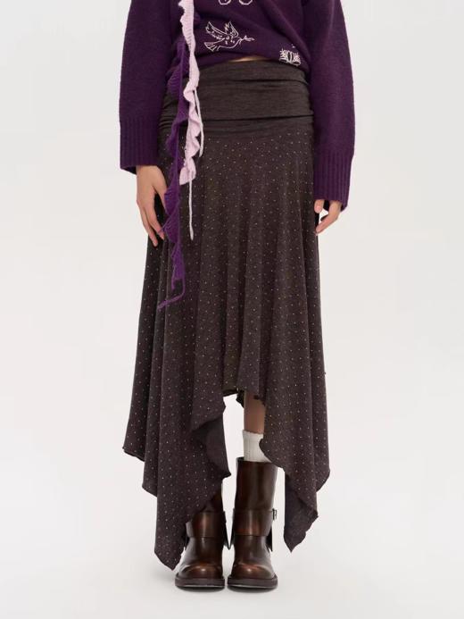 heris/H53118/不规则手帕下摆 杂花棕波点印花 垂感大摆针织半裙 商品图0