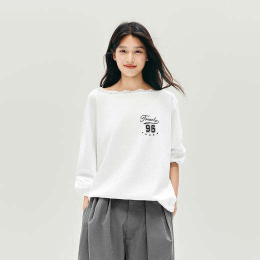 森马长袖T恤女秋季蕾丝一字领纯棉oversize印花2025新款慵懒上衣 商品图2