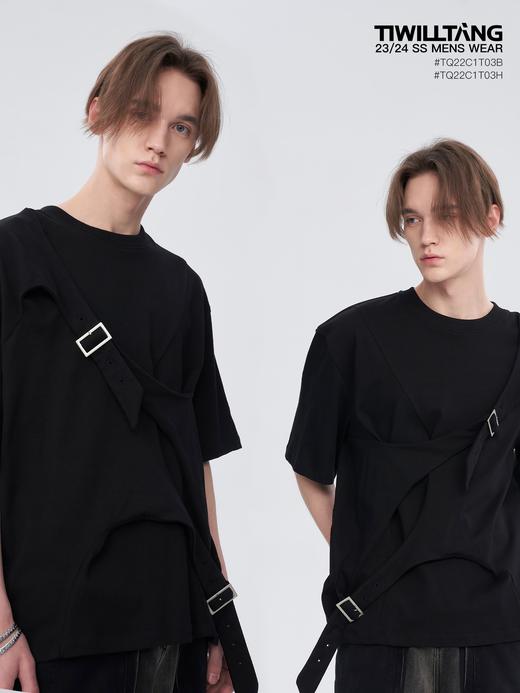 TIWILLTANG启世录“拂铟”复片交迭日字扣T恤纯色小众设计感短袖 商品图0