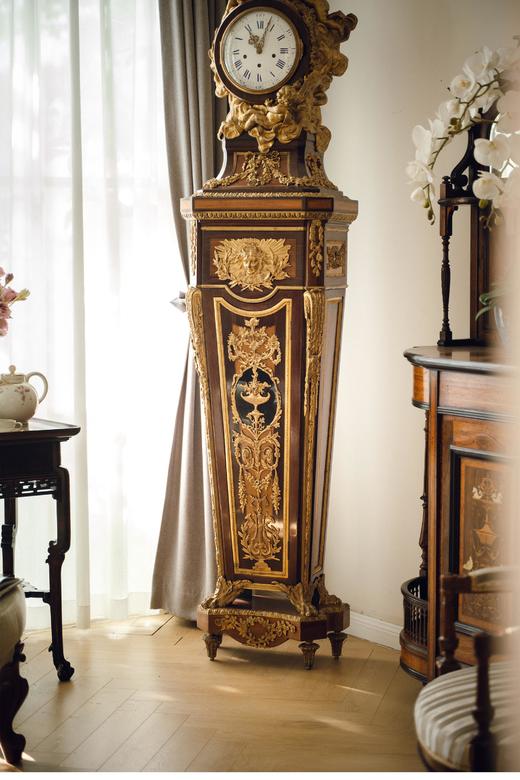 独角鹿西洋古董 19世纪法国出品路易十五风格铜鎏金精雕装饰硬木镶嵌大型落地钟 商品图2