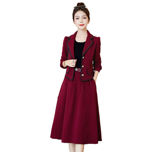 LDB7103秋季时尚气质黑白枣红优雅小香风收腰上衣裙子职业套装 商品图4