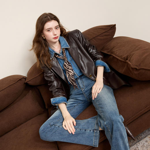 三彩2025秋季西装皮衣外套油蜡感PU宽肩摩登西服皇家港口小众M 商品图1