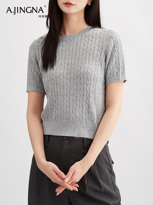 【立体绞花】阿菁娜羊毛圆领短袖麻花套头细闪针织衫F30Q302051 商品图3