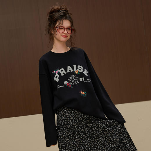 三彩独醒2025冬季新款休闲刺绣卫衣圆领宽松落肩袖F 商品图3