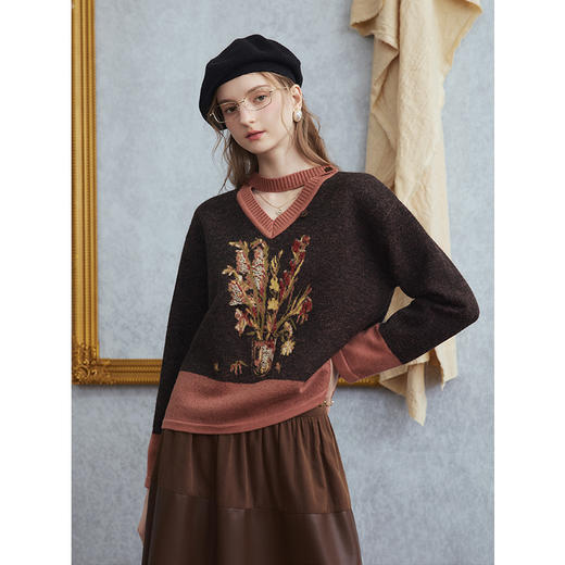 两三事梵高文艺红颜旧2025秋季新款森系花卉毛巾绣镂空v领毛衣女 商品图3