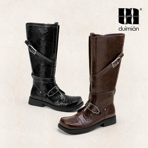 duimian对面褶影双扣骑士长靴复古方头 商品图4