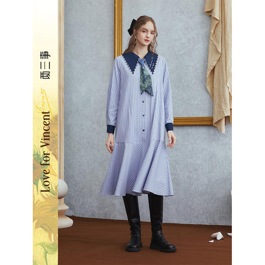 两三事梵高文艺 海上花 2025秋季新款印花领带刺绣翻领条纹连衣裙 商品图0