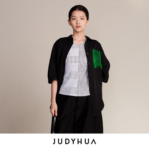 JUDYHUA J For Judy 解构绿意网纱立体褶五分袖衬衫 商品图3