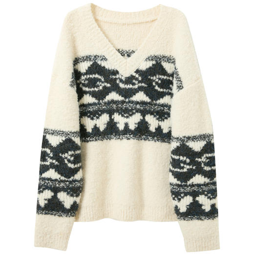 三彩2025冬季新款慵懒宽松V领针织衫长袖提花套头衫上衣显瘦百搭M 商品图4