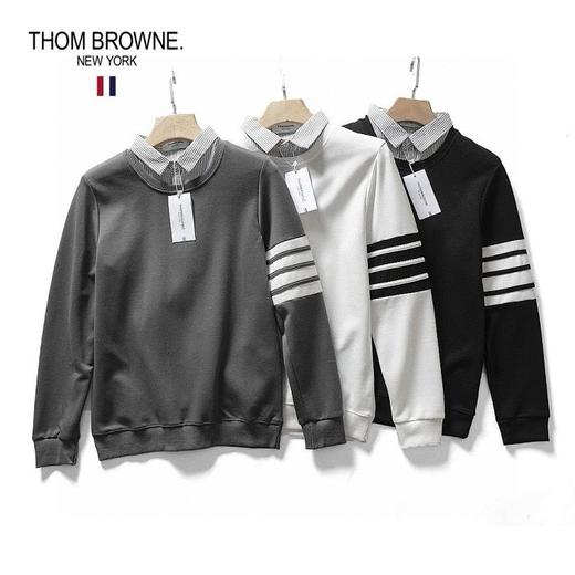 汤姆布朗经典情侣款四道杠衬衫领假两件套头卫衣外套， 商品图0