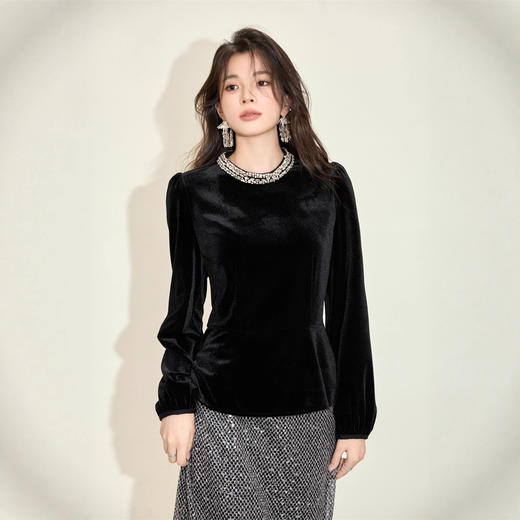 「自」全新升级【铂金会员192/天猫259/差价67】(04542)洛诗琳法式复古丝绒上衣2025秋季时尚设计感气质钉珠衬衫女 商品图2