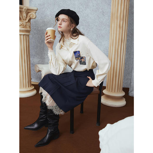 两三事梵高文艺 雪山牧歌 2025秋季新款贴布绣撞色绣边翻领衬衫女 商品图2