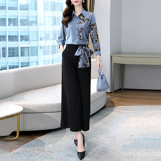 WHA2219大气阔腿裤套装女2025秋季新款时尚典雅气质名媛风两件套裤 商品图1