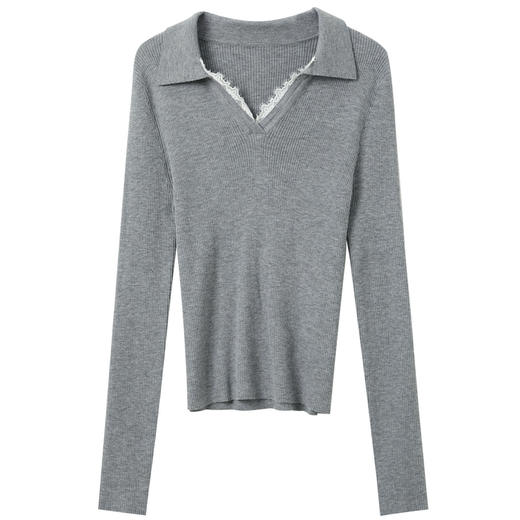 三彩2025冬季新款修身蕾丝花边V领针织衫长袖套头上衣显瘦百搭M 商品图4