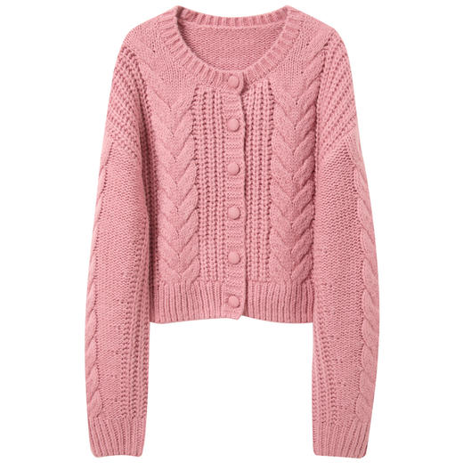 三彩2025冬季新款绞花针织衫圆领宽松毛衫外套短款开衫M 商品图4