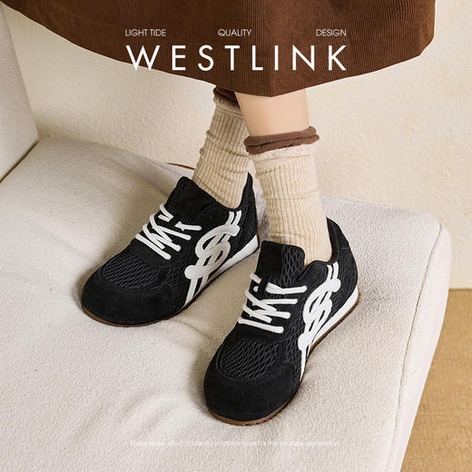 西遇轻便德训鞋女新款秋季丑萌复古平底休闲鞋子内增高运动鞋V1857054 商品图2