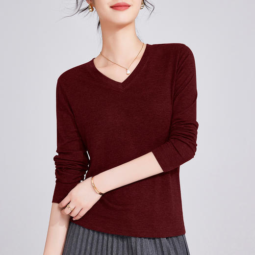 「自j」全新升级【铂金会员109/天猫149/差价40】(00209)洛诗琳莱赛尔天丝羊毛长袖T恤2025秋新款纯色V领打底上衣 商品图2