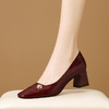 【预售5天】真皮方头法式复古浅口中跟单鞋女粗跟时尚百搭酒红色女鞋子HY&H3620 商品缩略图0