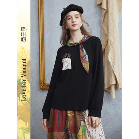 两三事梵高文艺独领风彩2025秋季新款印花领带刺绣装饰口袋t恤女