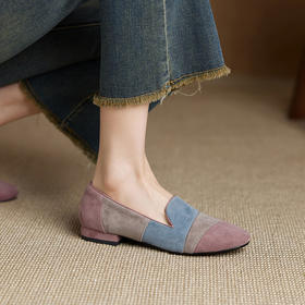 【预售5天】真皮磨砂拼色乐福鞋女新款春秋女鞋一脚蹬翻毛皮软底单鞋女YS&A1691