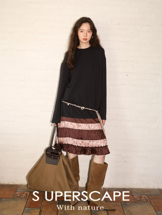 素舶 天丝羊毛缎面抗菌撞色褶皱花边低腰A字半身裙 商品图2